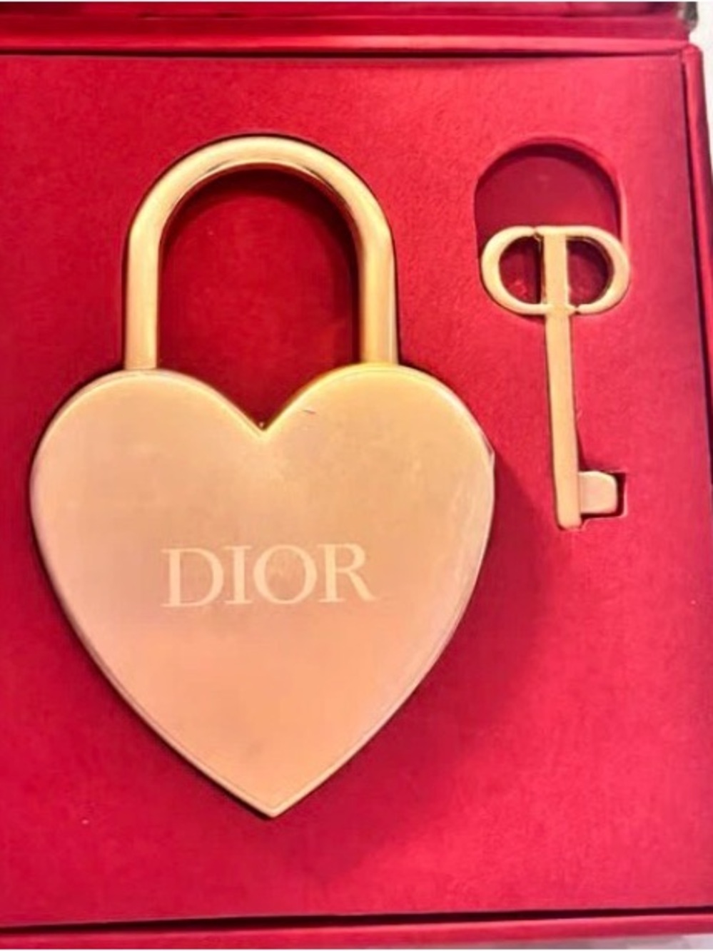 Dior Gold Heart Padlock with Key on Red Backing